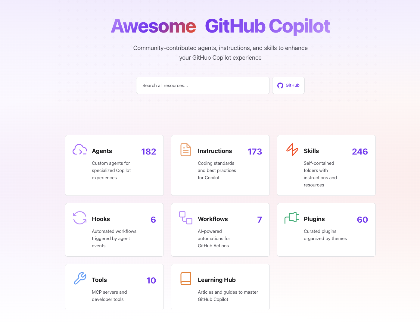Awesome Copilot homepage showing agents, instructions, skills, and other categories